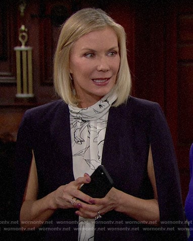 Brooke's floral blouse and navy cape jacket on The Bold and the Beautiful