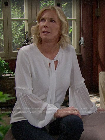 Brooke's white tie-neck sweater on The Bold and the Beautiful