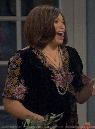 Carol's floral embroidered velvet wrap dress on Last Man Standing