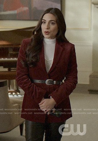 Cristal's red velvet blazer and white lace top on Dynasty
