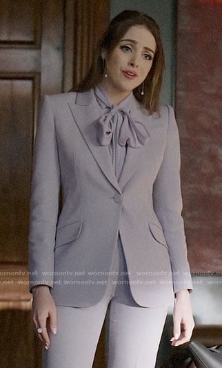 Fallon's lilac purple suit and tie neck blouse on Dynasty