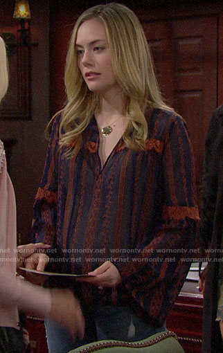 Hope's navy embroidered blouse on The Bold and the Beautiful