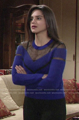 Lola's blue sheer panel sweater on The Young and the Restless