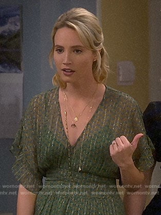 Mandy's green metallic striped maxi dress on Last Man Standing