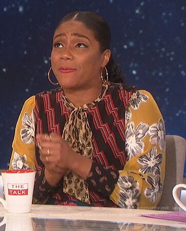 Tiffany Haddish's mixed print tie neck dress on The Talk