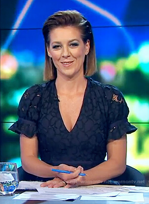 Gorgi's navy lace mini dress on The Project