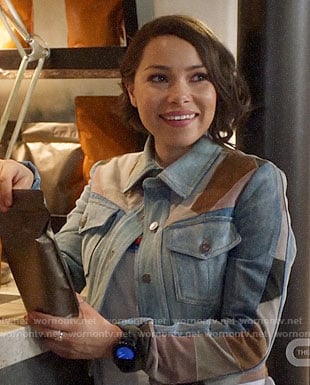 Nora's rainbow stripe tee and patchwork denim jacket on The Flash