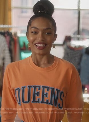 Zoey's orange Queens long sleeve tee on Grown-ish