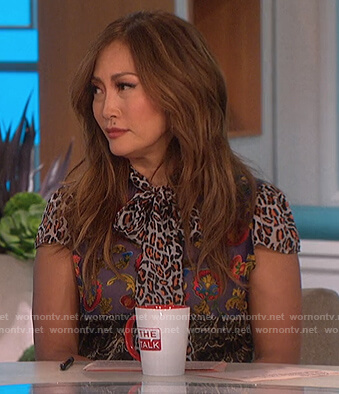 Carrie's mixed print tie neck blouse on The Talk