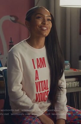 Zoey's pink I Am A Vital Voice sweatshirt on Grown-ish
