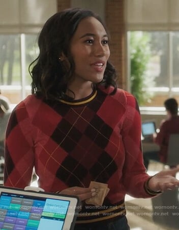 Caitlin's red argyle sweater on PLL The Perfectionists