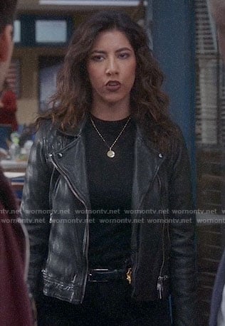 Rosa's black leather jacket with zip waist and quilted shoulders on Brooklyn Nine-Nine