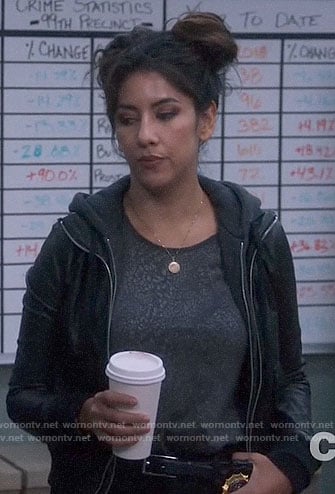Rosa's grey leopard print tee and layered leather jacket on Brooklyn Nine-Nine