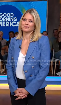 Sara's blue blazer with silver buttons on Good Morning America