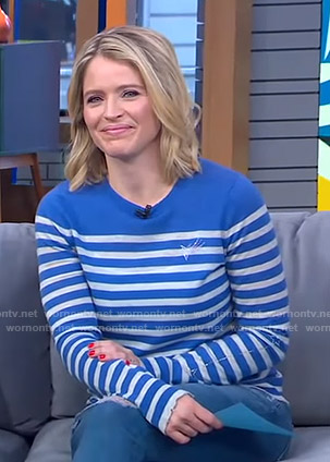 Sara's blue striped sweater with embellished star on GMA Strahan And Sara