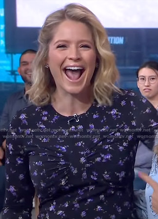 Sara's purple floral ruched midi dress on Good Morning America