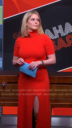 Sara's red turtleneck slit dress on GMA Strahan and Sara