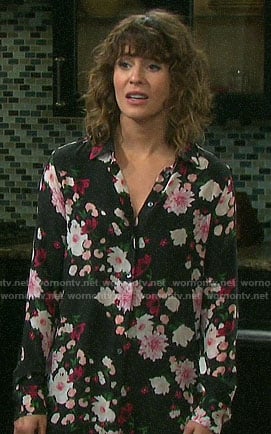 Sarah's black floral button down blouse on Days of our Lives