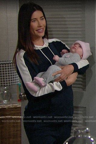 Steffy's navy colorblock hoodie on The Bold and the Beautiful