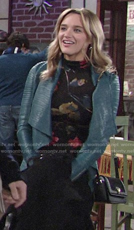 Summer's black floral turtleneck and teal blue leather jacket on The Young and the Restless