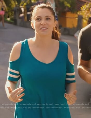 Rebecca's teal cold-shoulder top on Crazy Ex Girlfriend