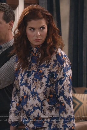 Grace's white print high neck blouse on Will and Grace