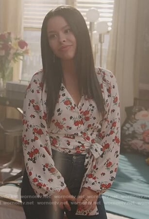 Mariana's white floral wrap top on Good Trouble