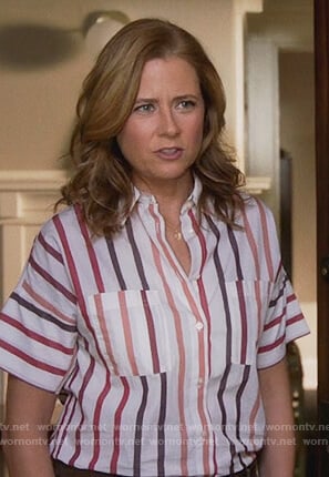 Lena's white striped short sleeve blouse on Splitting Up Together