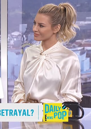 Morgan's white satin twist neck blouse on E! News Daily Pop