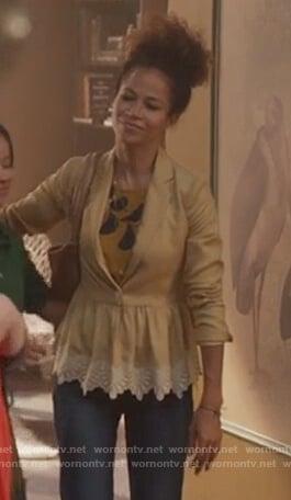 Lena's yellow floral trim peplum blazer on Good Trouble