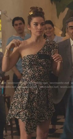Alexis's floral asymmetric one-shoulder dress on Schitt's Creek