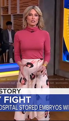 Amy's pink turtleneck sweater and printed skirt on Good Morning America