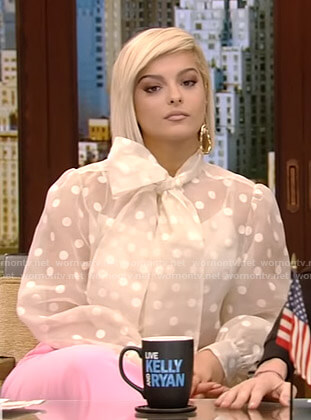 Bebe Rexha's polka dot sheer blouse on Live with Kelly and Ryan