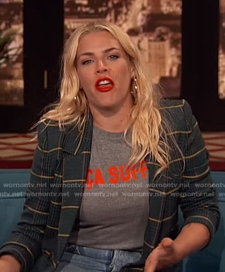 Busy's Ca Suffit tee and green plaid blazer on Busy Tonight