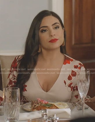Cristal's beige floral v-neck dress on Dynasty