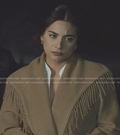 Cristal's beige fringe-trim coat on Dynasty