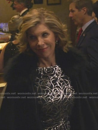 Diane's metallic rose print dress on The Good Fight