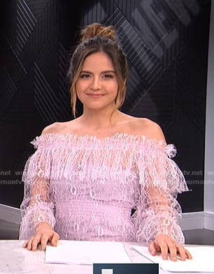 Erin's pink off-shoulder lace dress on E! News
