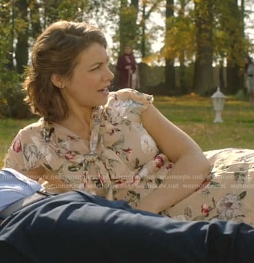 Frankie's beige floral tie neck dress on Whiskey Cavalier