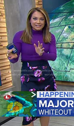 Ginger's purple turtleneck top and floral skirt on Good Morning America