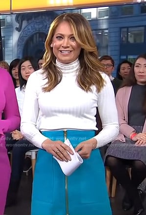 Ginger's turtleneck sweater and teal suede skirt on Good Morning America