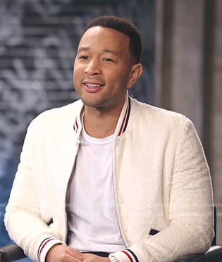 John's white shearling bomber jacket on The Voice