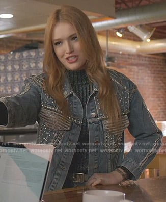 Kirby's ribbed sweater and embellished denim jacket on Dynasty