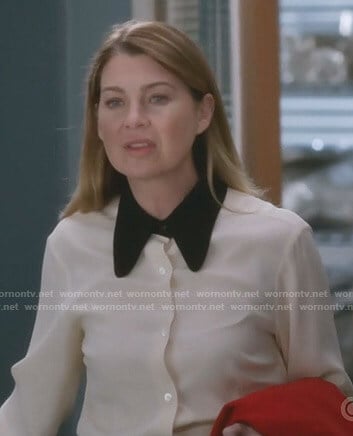 Meredith's white blouse with contrast collar on Grey's Anatomy