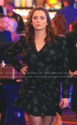 Rebecca's black floral wrap dress on Crazy Ex-Girlfriend