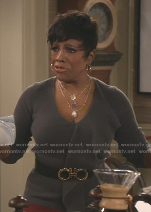 Rose's grey ruffled front sweater on Fam