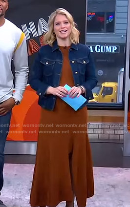 Sara's brown slit dress and denim jacket on GMA Strahan And Sara