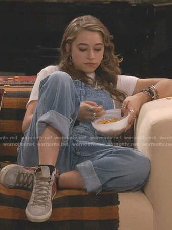 Shannon's white printed tee and denim overalls on Fam