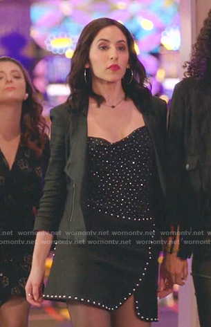 Valencia's black rhinestone cami and studded skirt on Crazy Ex-Girlfriend