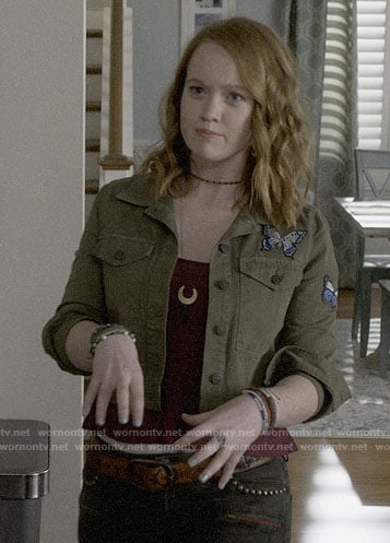 Abby's butterfly patch army jacket and camo jeans on Santa Clarita Diet